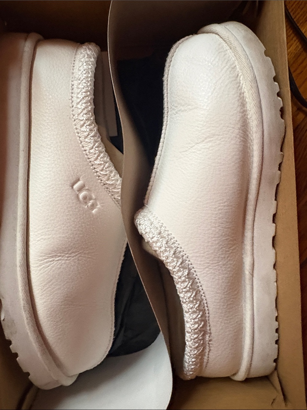 UGG White Leather Slip-On Women's Slippers with Shearling Trim